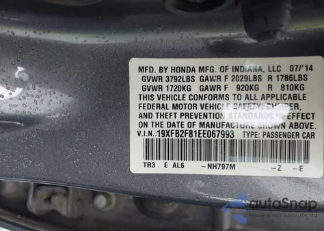 2014 Honda Civic Ex из США, поврежденный, VIN 19XFB2F81EE067993